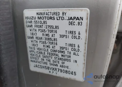 1999 Isuzu Trooper из США, поврежденный, VIN 1ACDH58VXR7908045